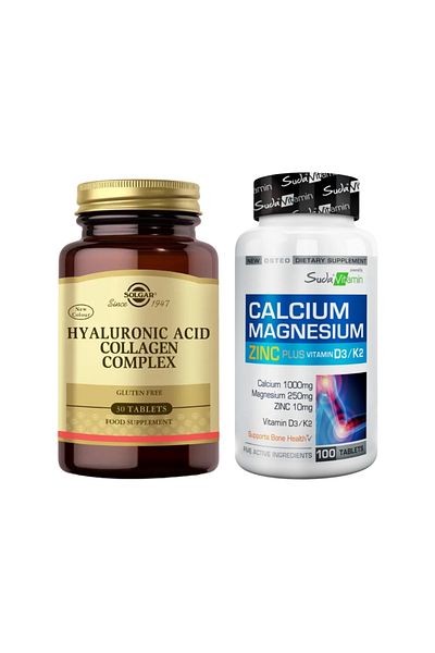 Solgar Hyaluronic Acid Collagen Complex 30 Tablets + Suda Vitamin Calcium Magnesium Zinc K2 D3 100 Tablets