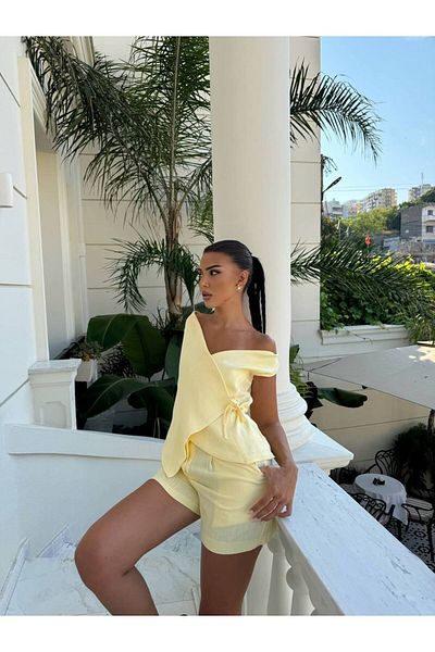 Stil Sepeti Women's Yellow V-Neck Linen Asymmetrical Cut Side Lace-Up Vest Mini Shorts Suit Tl-10004017