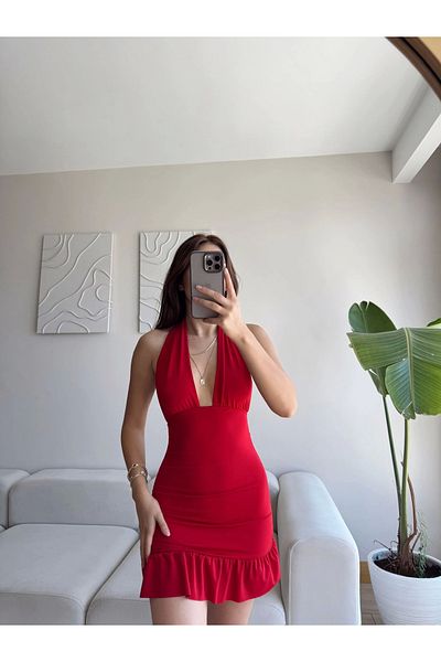 Zoom Butik Halter Neckline Ruffle Dress - Red