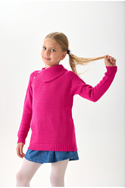 Nisrakids Girls' Knitwear Sweater - Button Detailed Wide Collar and Long Sleeve Model