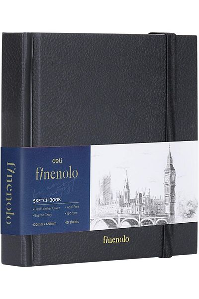Deli دفتر رسم Finenolo EC285 بغلاف جلدي أسود صلب، أبيض، مقاس 12 سم × 12 سم