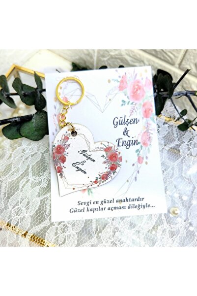 Hayaller Dükkanı 20 Adet Çiçek Süslü Ahşap Kalp Anahtarlık Uv Baskılı Kart Üz...