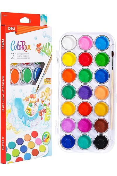 Deli EC20-21 ColoRun Watercolor Cake with Brush, 21 Colors