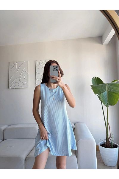 Zoom Butik Striped Casual Dress - Blue