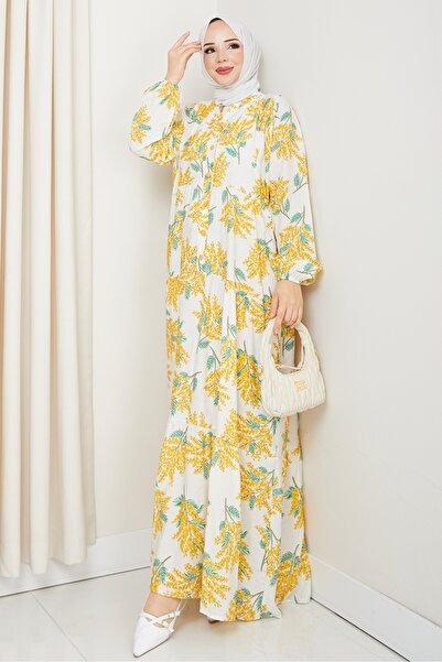 Bestenur Hina Desenli Yarasa Kol Tesettür Elbise 1571 - Sarı