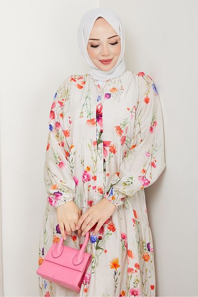 Bestenur Soren Bat Sleeve Hijab Φόρεμα 1573 - Εκρού
