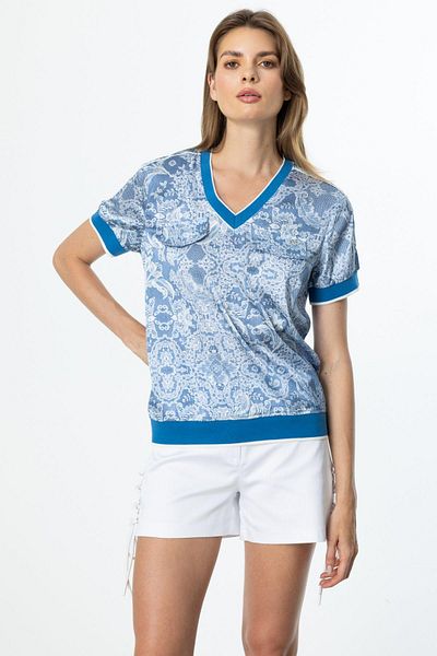 Onteks 56593 Ribbed V-Neck Bluz with Front Pocket
