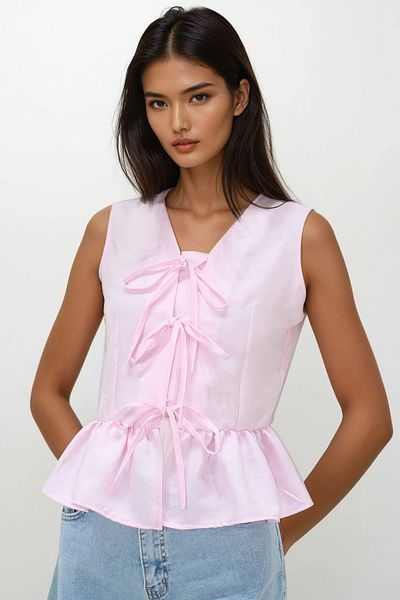 VAGGON Powder Pink V-Neck Bow Detailed Skirt Flounced Aerobin Blouse