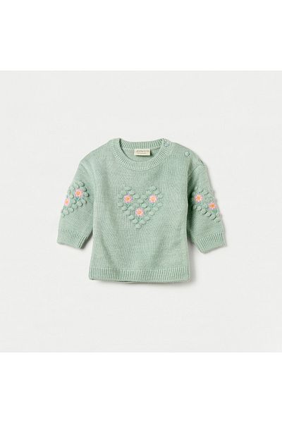 Juniors Floral Embroidered Sweater with Long Sleeves and Button Closure