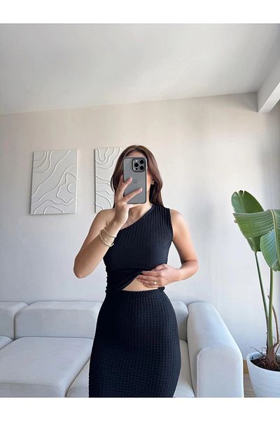 Zoom Butik One Shoulder Crop & Skirt Suit - Black