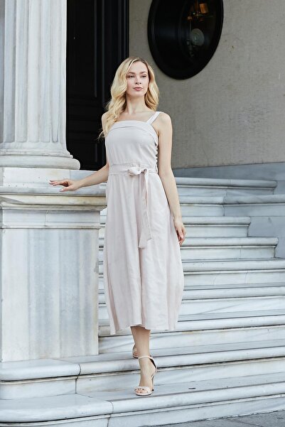 Jument Women's Silky Modal Fabric Suspender Skirt Kiloş Knee Length Summer Evening Dress-Beige
