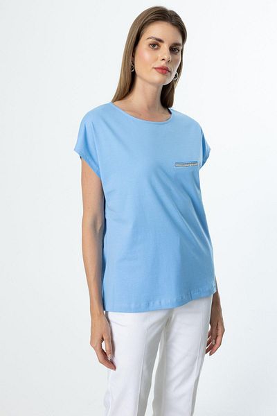 Onteks 51353 Short Sleeve O-Neck Bluz with Stone Detail on the Front
