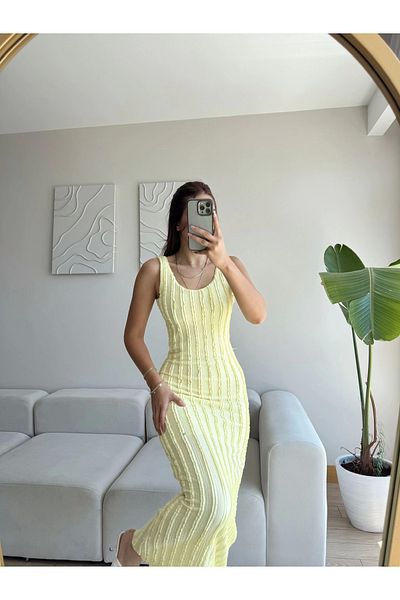 Zoom Butik Ribbed Back Low-Cut Dress - Yellow
