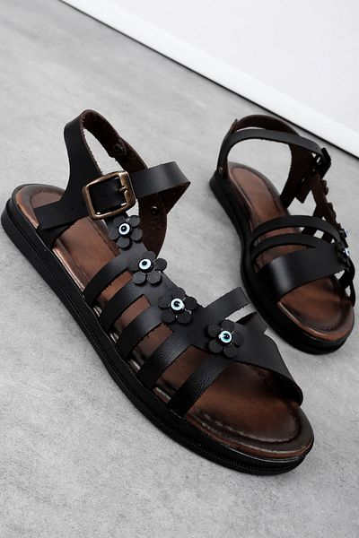 Lal Shoes & Bags Cery Women's Flower Patterned Evil Eye Beaded Bodrum Sandals B4096-Black