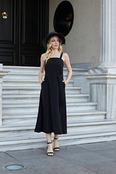 Jument Women's Silky Modal Fabric Suspender Skirt Kiloş Knee Length Summer Evening Dress-Black