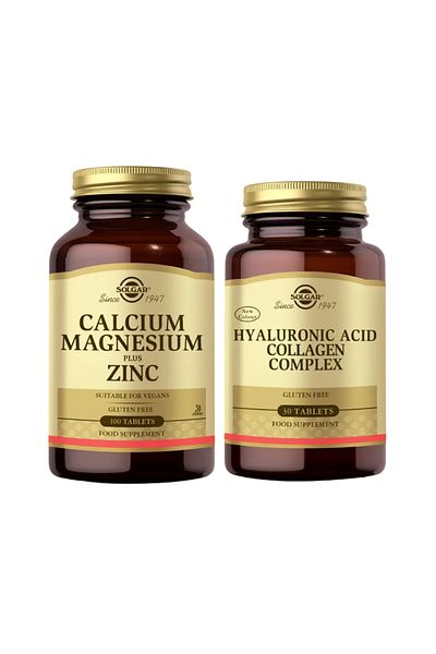 Solgar Calcium Magnesium Plus Zinc 100 Tablets + Hyaluronic Acid Collagen Complex 30 Tablets