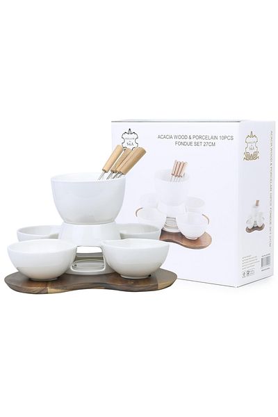 Shallow By Styli Shallow Acacia Wood Porcelain with Stainless Steel Single 10 Pieces Fondue Set