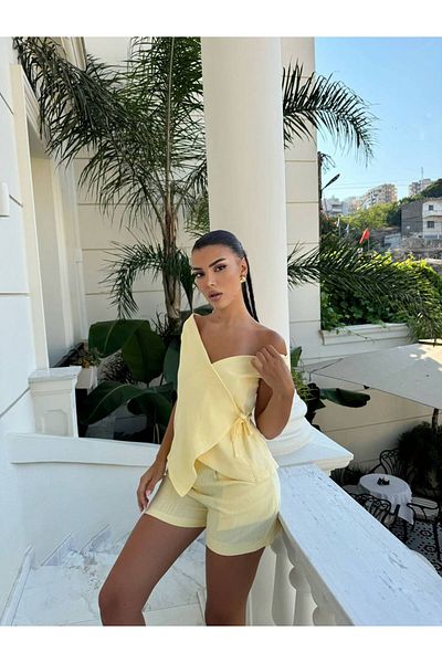 Stil Sepeti Women's Yellow V-Neck Linen Asymmetrical Cut Side Lace-Up Vest Mini Shorts Suit Tl-10004017