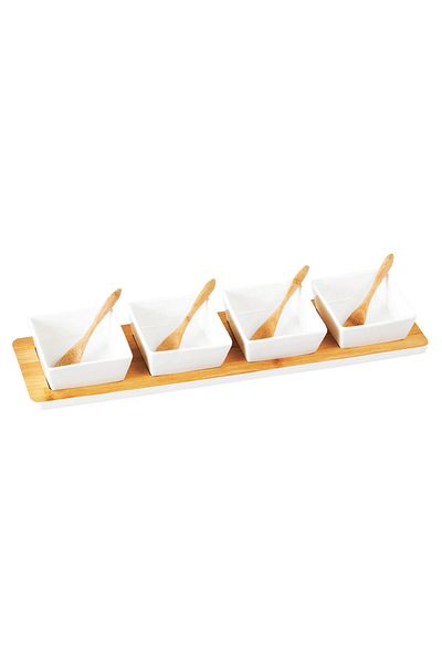 Cuisine Art By Styli Cuisine Art Bamboo Serving Set with 4 Pcs Ceramic White Bowls