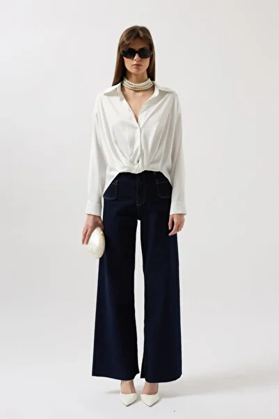 1001moda Waist Shirred Crop Satin Shirt