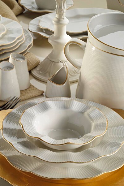 Kütahya Porselen Milena 83 Parça 12 Kişilik Yemek Takımı Mat Altın File