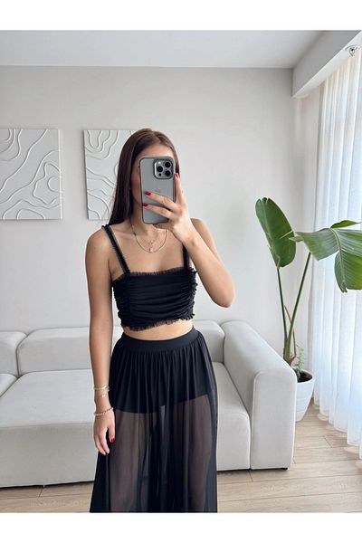 Zoom Butik Tulle skirt square neck crop set - black