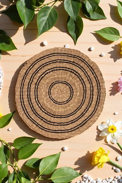 oceanpoint Handmade Black Striped Seaweed Supla, Natural American Service, Double Ring Round Decor, 32 cm