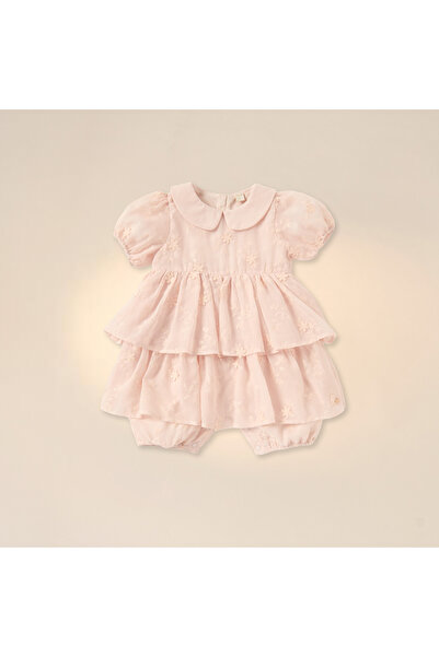 giggles Floral Textured Romper with Collar and Short Sleeves