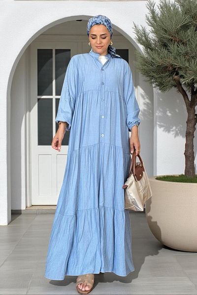 Aselim Hijap Moda Καλοκαιρινό φόρεμα με ρόμπα από ύφασμα φράουλα |   Μπλε με κουμπιά και άνετη εφαρμογή