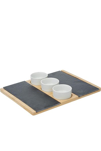 Cuisine Art By Styli Cuisine Art Bamboo and Slate Serving Plate & 3 white Ceramic Bowls