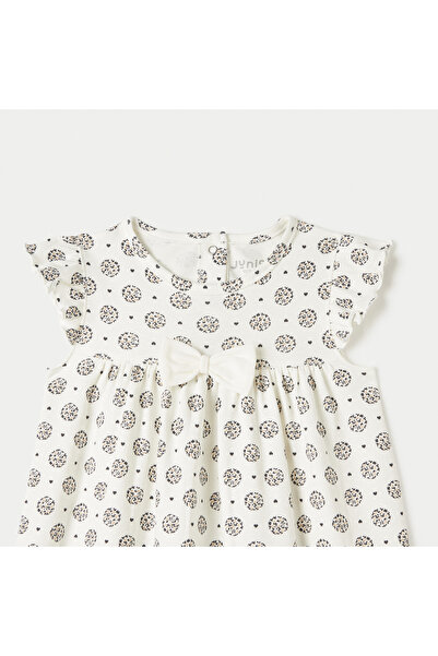 Juniors Printed A-line Dress with Cap Sleeves and Bow Detail