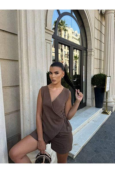 Stil Sepeti Women's Coffee V-Neck Linen Asymmetric Cut Side Lace-Up Vest Mini Shorts Suit Tl-10004017