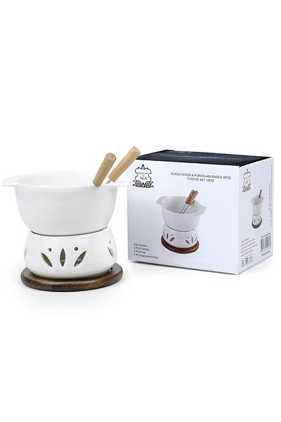 Shallow By Styli Shallow Acacia Wood Porcelain with Stainless Steel Single 4 Pieces Fondue Set