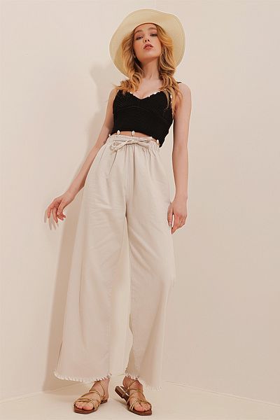 VAGGON Pantaloni de damă, bej, cu ciucuri, cu talie înaltă, Palazzo Jean Vgn-x8930