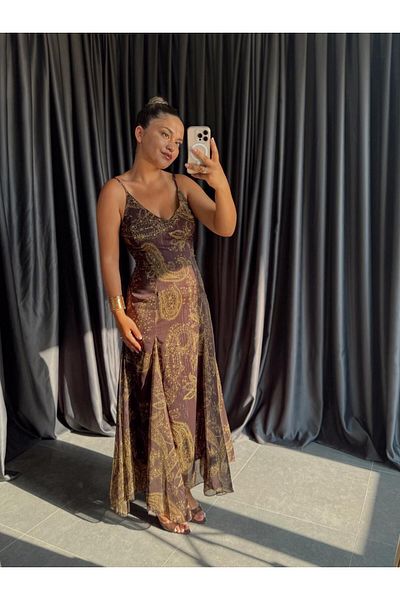 BÜŞRA PERKER Bitter coffee strap shawl pattern chiffon dress
