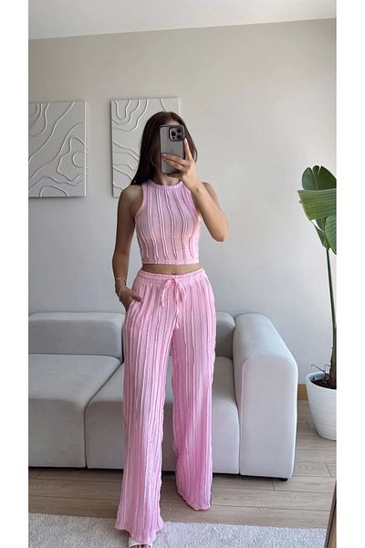 Zoom Butik Halter Ribbed Double Set - Pink