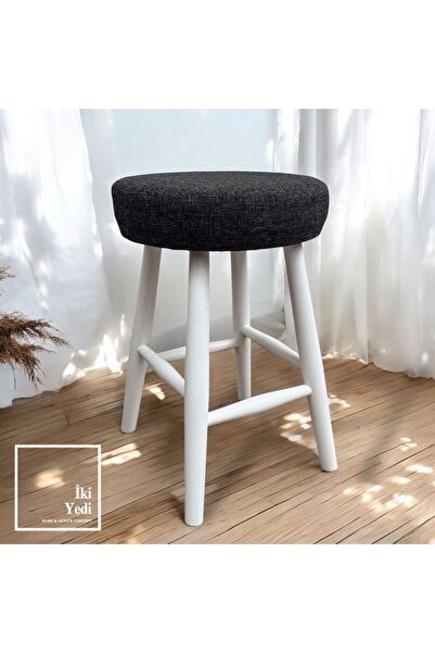 77 Loter 77-4 Beyaz Renk Ahşap Ayaklı Füme Keten Kumaş Tabure Puf Antre Mutfa...