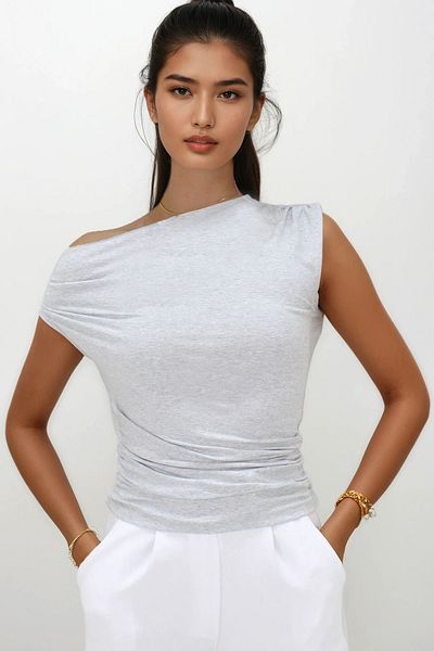 VAGGON Gray Gathered Shoulder Viscon Knitted Blouse