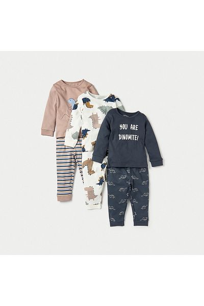 Juniors Dinosaur Print Long Sleeves T-shirt and Elasticated Pyjama - Set of 3
