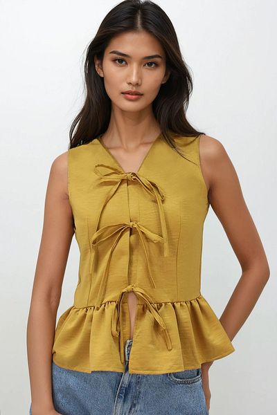 VAGGON Mustard V-Neck Bow Detailed Skirt Flared Aerobin Blouse