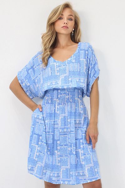 VAGGON Baby Blue V λαιμόκοψη με διπλή τσέπη Ethnic μοτίβο μέσης με υφαντό φόρεμα βισκόζης