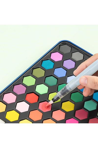 Deli 73936-48 Solid Watercolor Paint, Brushes and Accessories Set in Metal Box for Kids and Beginner