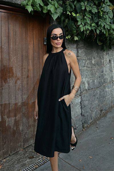 Fav Style Women's Halter Neck Sleeveless Pocket Linen Woven Short Dress Black