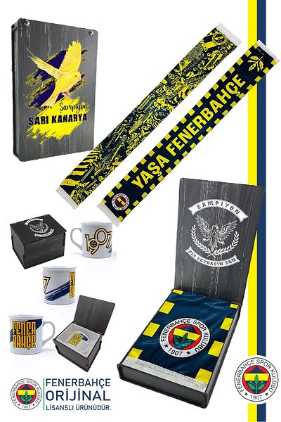 Fenerbahçe Original Licensed Living Shawl Scarf Ceramic Mug Set Canary Printed Wooden Box