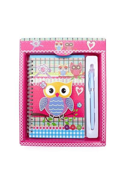 OEM Agenda cu pix, ambalata in cutie de carton, cu bufnite desenate, roz, 18x22cm