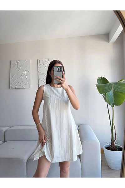 Zoom Butik Striped Casual Dress - Beige