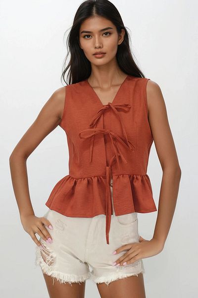 VAGGON Tile V-Neck Bow Detailed Skirt Flounced Aerobin Blouse