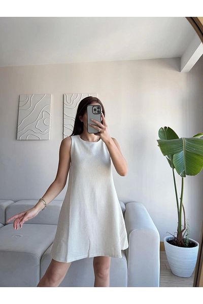 Zoom Butik Striped Casual Dress - Beige