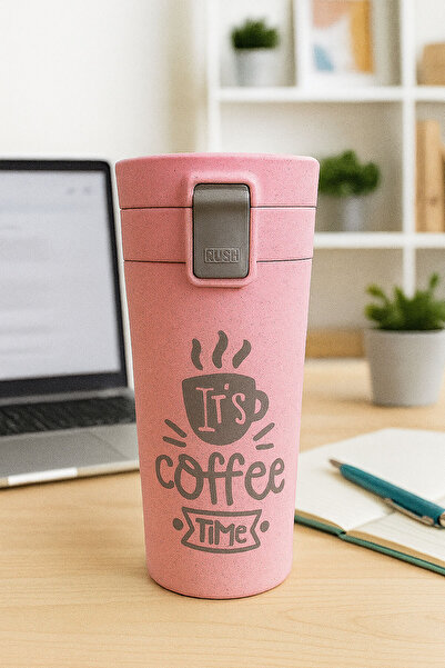 Tohana Pink "It's Coffee Time" Written Glass Mug with Protective Case and Lockable Lid 370ml