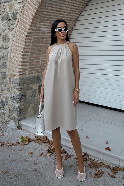 Fav Style Γυναικείο κοντό φόρεμα με γιακά Halter Αμάνικο λινό με τσέπες μπεζ